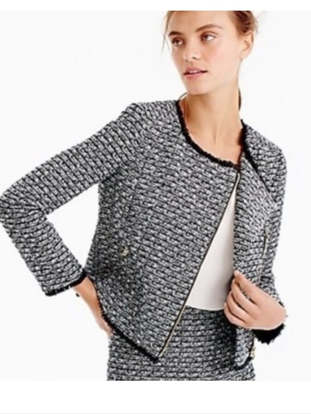 J.Crew Zip Fringe Tweed Jacket Black And White